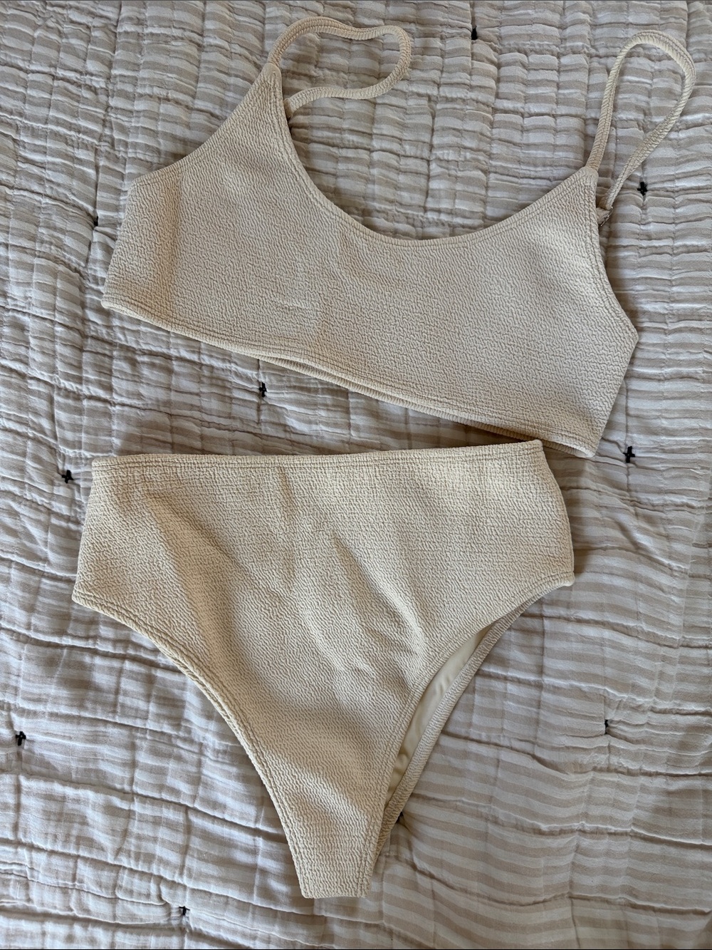 Cream Textured High-Waist Bikini Set - Women